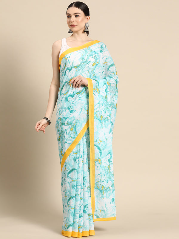 Turquoise Blue Printed Pure Cotton Saree for Women