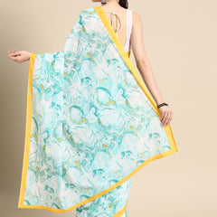 Turquoise Blue Printed Pure Cotton Saree for Women
