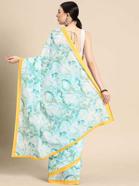Turquoise Blue Printed Pure Cotton Saree for Women