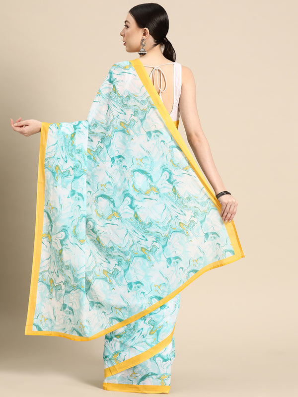 Turquoise Blue Printed Pure Cotton Saree for Women