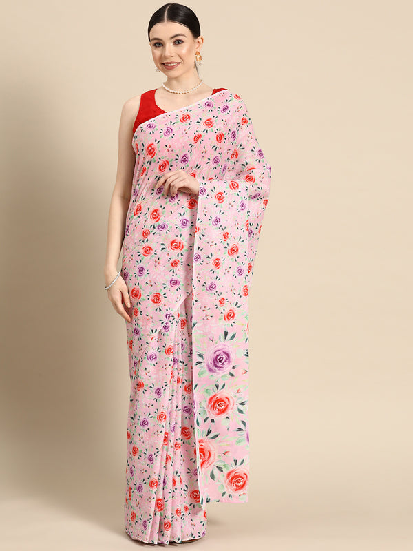 Pink Floral Cotton Saree for Women