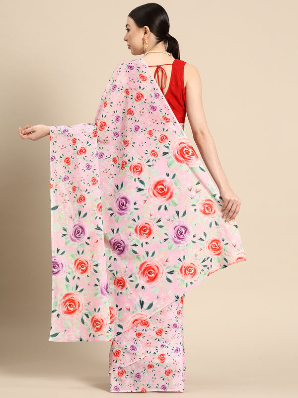 Pink Floral Cotton Saree for Women