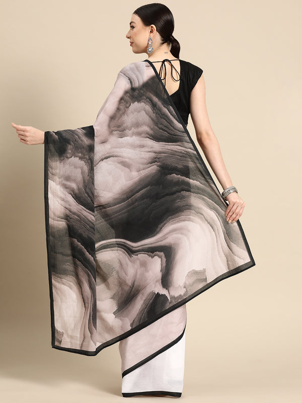 Black Printed Cotton Half & Half Saree for Women