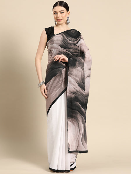 Black Printed Cotton Half & Half Saree for Women
