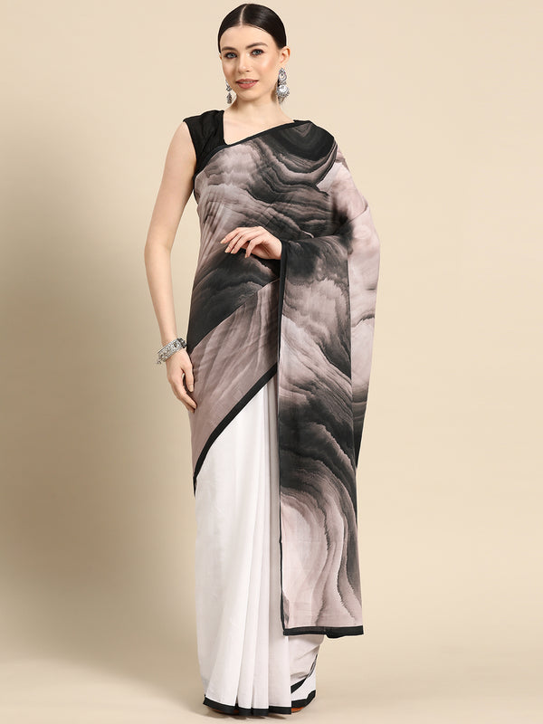 Black Printed Cotton Half & Half Saree for Women