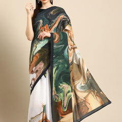 White Abstract Printed Cotton Saree for Women