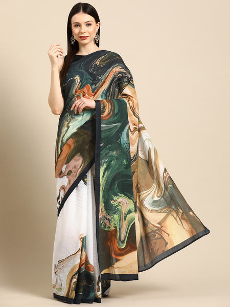 White Abstract Printed Cotton Saree for Women