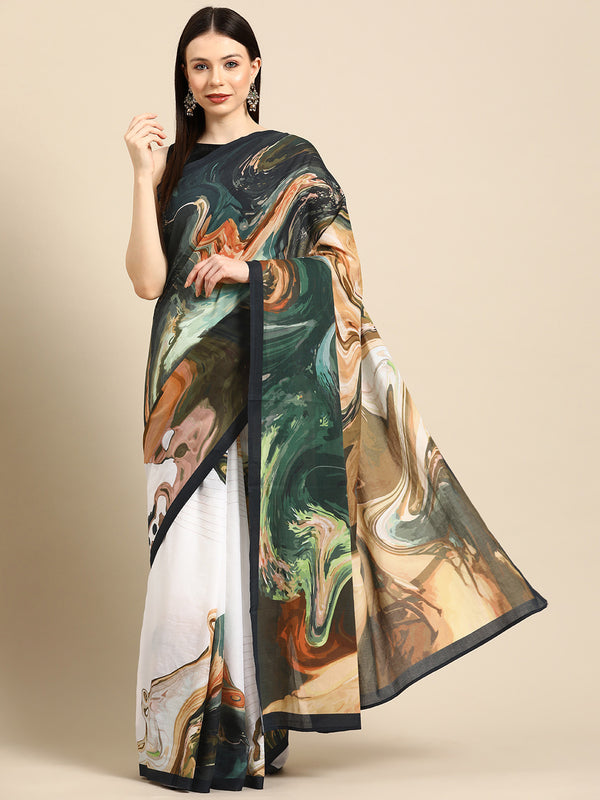 White Abstract Printed Cotton Saree for Women