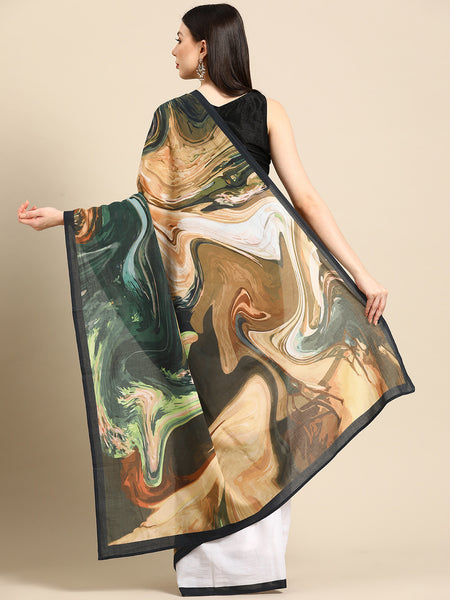 White Abstract Printed Cotton Saree for Women