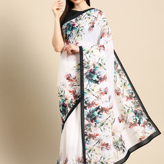 White Floral Printed Pure Cotton Saree for Women
