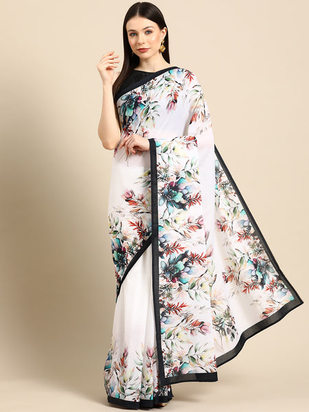 White Floral Printed Pure Cotton Saree for Women