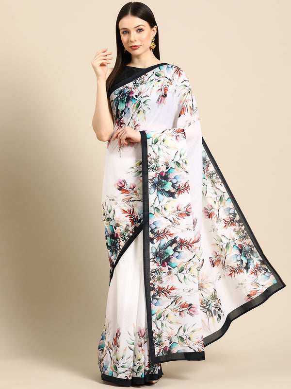 White Floral Printed Pure Cotton Saree for Women
