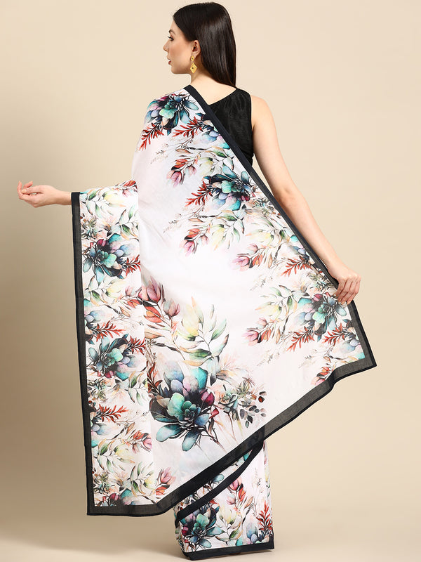 White Floral Printed Pure Cotton Saree for Women