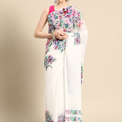White Floral Pure Cotton Saree for Women