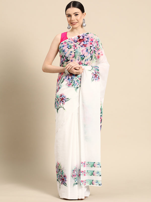 White Floral Pure Cotton Saree for Women