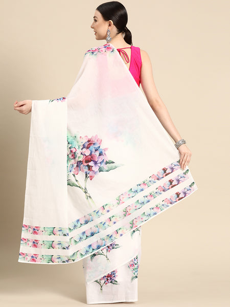 White Floral Pure Cotton Saree for Women