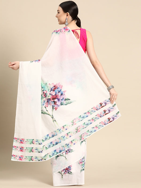 White Floral Pure Cotton Saree for Women