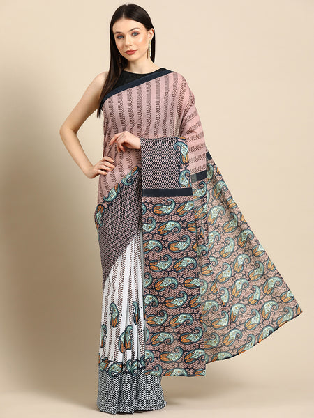 Pink Paisley Printed Cotton Saree for Women
