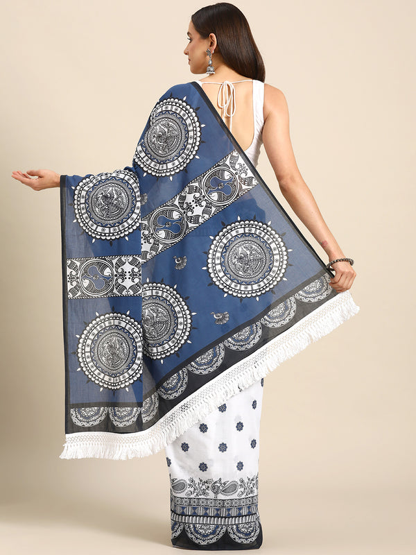Blue Ethnic Motif Printed Cotton Saree for Women