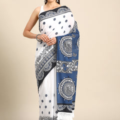 Blue Ethnic Motif Printed Cotton Saree for Women