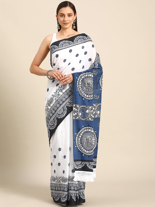 Blue Ethnic Motif Printed Cotton Saree for Women