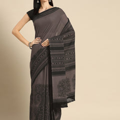 Brown & Black Floral Cotton Saree for Women