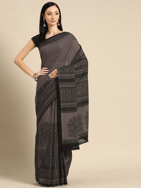 Brown & Black Floral Cotton Saree for Women