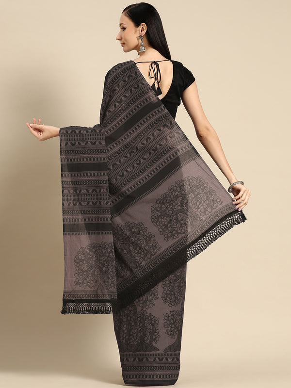 Brown & Black Floral Cotton Saree for Women