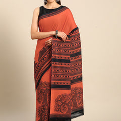 Orange Abstract Printed Pure Cotton Saree for Women