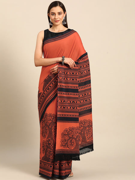Orange Abstract Printed Pure Cotton Saree for Women