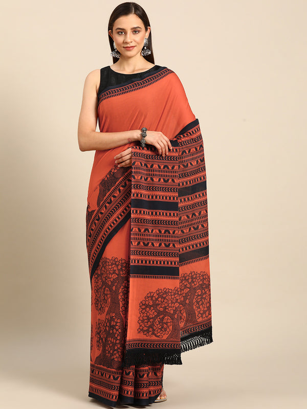 Orange Abstract Printed Pure Cotton Saree for Women