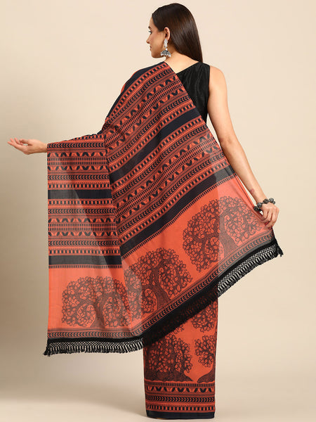 Orange Abstract Printed Pure Cotton Saree for Women