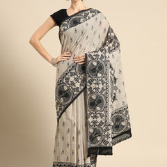 Cream Floral Printed Cotton Saree for Women