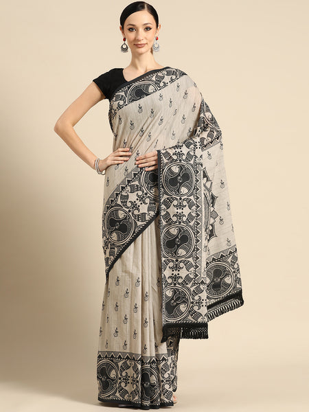 Cream Floral Printed Cotton Saree for Women
