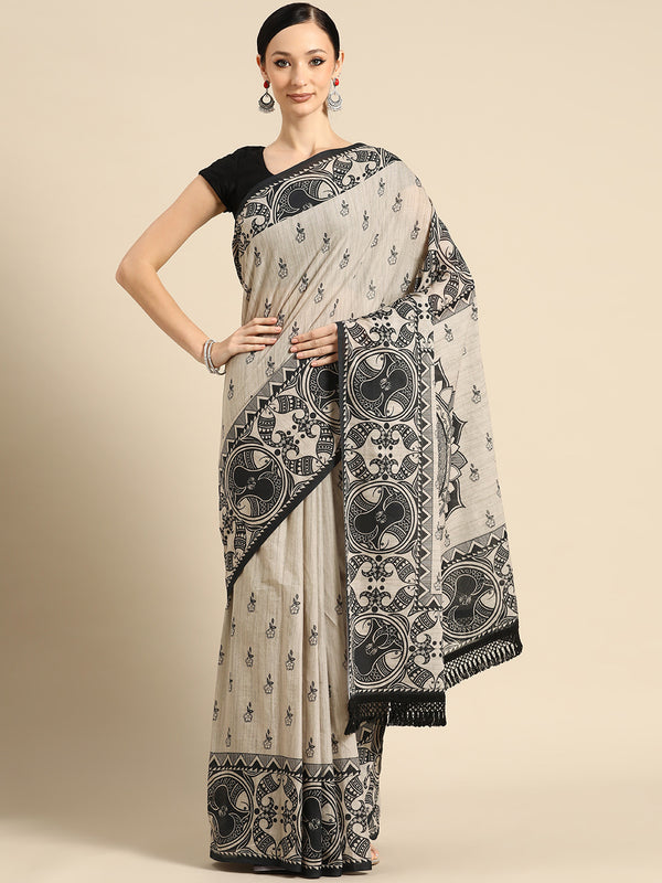 Cream Floral Printed Cotton Saree for Women