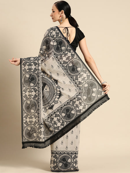 Cream Floral Printed Cotton Saree for Women