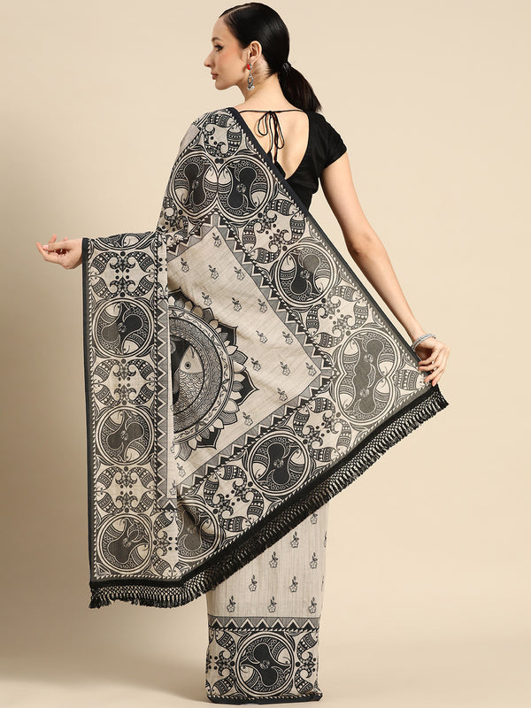 Cream Floral Printed Cotton Saree for Women