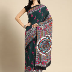 Green Abstract Printed Pure Cotton Saree for Women
