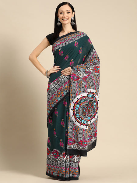 Green Abstract Printed Pure Cotton Saree for Women