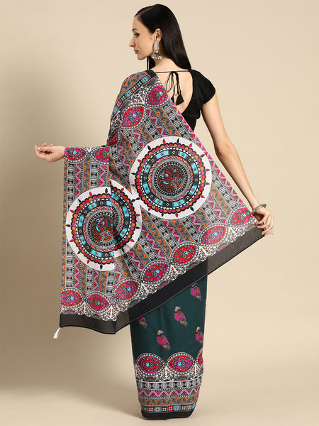Green Abstract Printed Pure Cotton Saree for Women