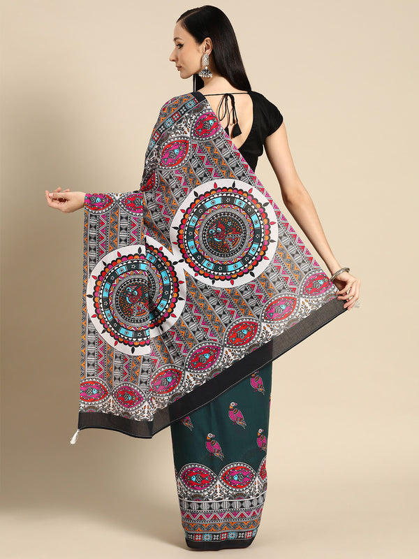 Green Abstract Printed Pure Cotton Saree for Women