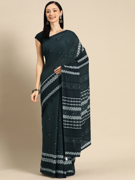 Green Abstract Printed Cotton Saree for Women
