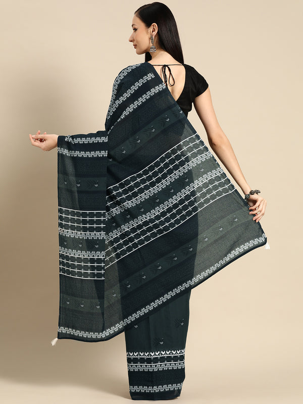 Green Abstract Printed Cotton Saree for Women