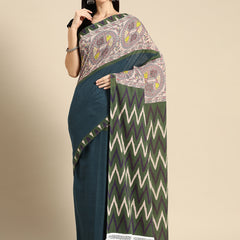 Teal Floral Printed Cotton Saree for Women