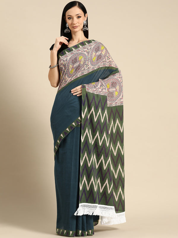 Teal Floral Printed Cotton Saree for Women