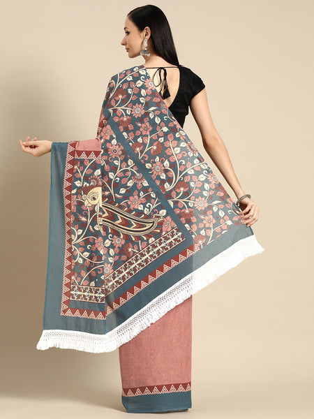 Pink Floral Printed Pure Cotton Saree for Women