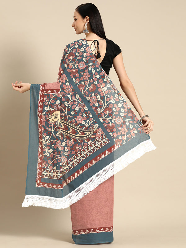 Pink Floral Printed Pure Cotton Saree for Women