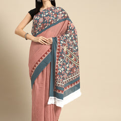 Pink Floral Printed Pure Cotton Saree for Women