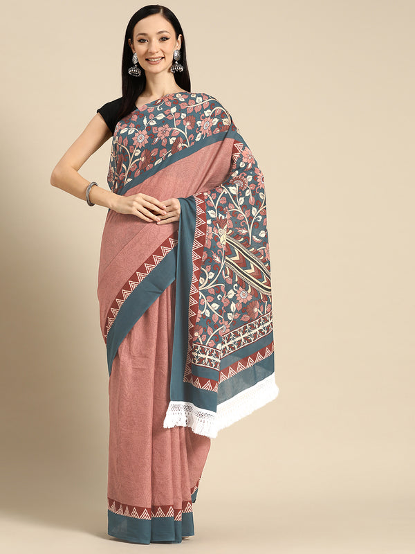 Pink Floral Printed Pure Cotton Saree for Women
