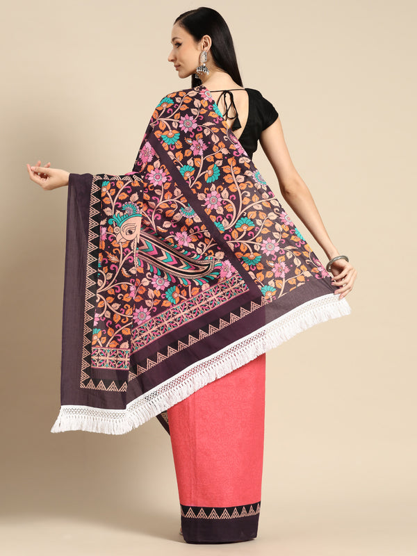 Pink Floral Printed Cotton Saree for Women